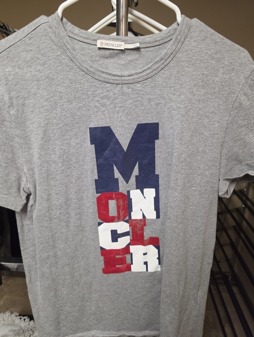 Moncler Gray Short Sleeve Tee with Navy, Red and White Stacked Logo
